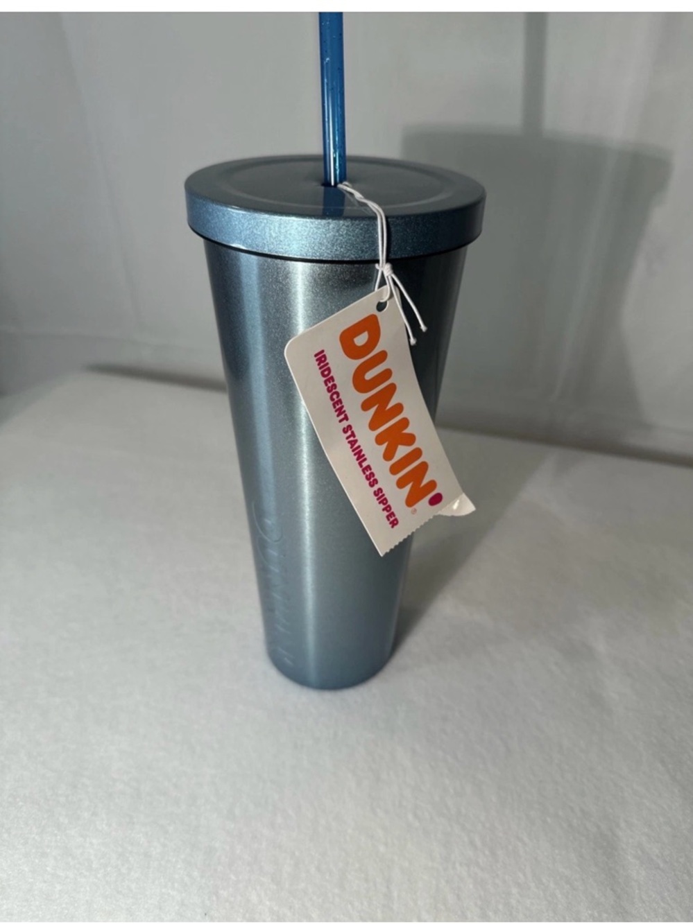 Dunkin' Iridescent Blue Travel Tumbler with Reusable Straw